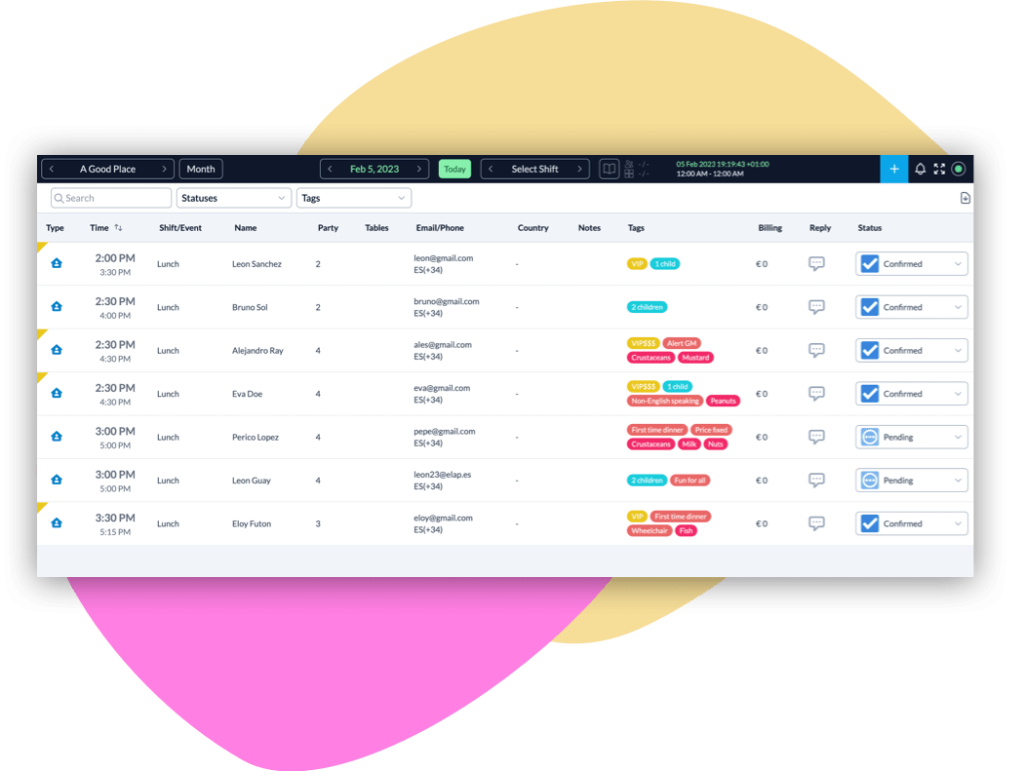 Resv restaurant reservations list view bookings